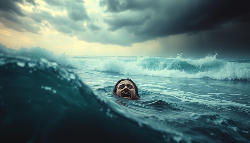 A surreal landscape of emotional turbulence, where dreams become a swirling torrent of feelings. In the foreground, a figure emerges from the depths, their face contorted with a mixture of fear and wonder, as they grapple with the power of the rising waters. The middle ground is a dreamlike expanse, with translucent waves crashing against the shore, reflecting the ever-changing nature of the subconscious. In the background, a stormy sky looms, casting a somber, ethereal glow over the scene, mirroring the inner turmoil and the primal connection between the mind and the natural world. Soft, diffused lighting and a slightly tilted camera angle create a sense of disorientation, inviting the viewer to immerse themselves in the emotional depth of the moment.