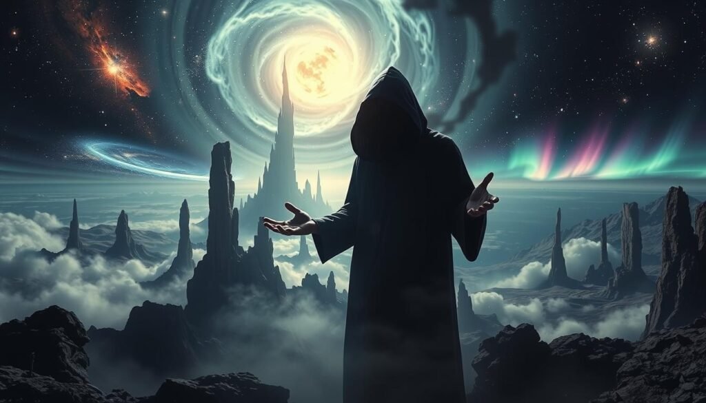 A surreal landscape of the subconscious mind. In the foreground, a figure emerges from a swirling vortex of ethereal light, their face obscured by a hood, hands outstretched in a gesture of divine revelation. The middle ground is a dreamscape of towering, abstract structures, their forms shifting and morphing like the flow of consciousness. In the background, a panoramic vista of celestial phenomena - nebulae, distant galaxies, and shimmering auroras - creating a sense of cosmic interconnectedness. Dramatic chiaroscuro lighting casts deep shadows, imbuing the scene with a mystical, prophetic atmosphere. Captured with a wide-angle lens to emphasize the grandiose, transcendent nature of the vision.