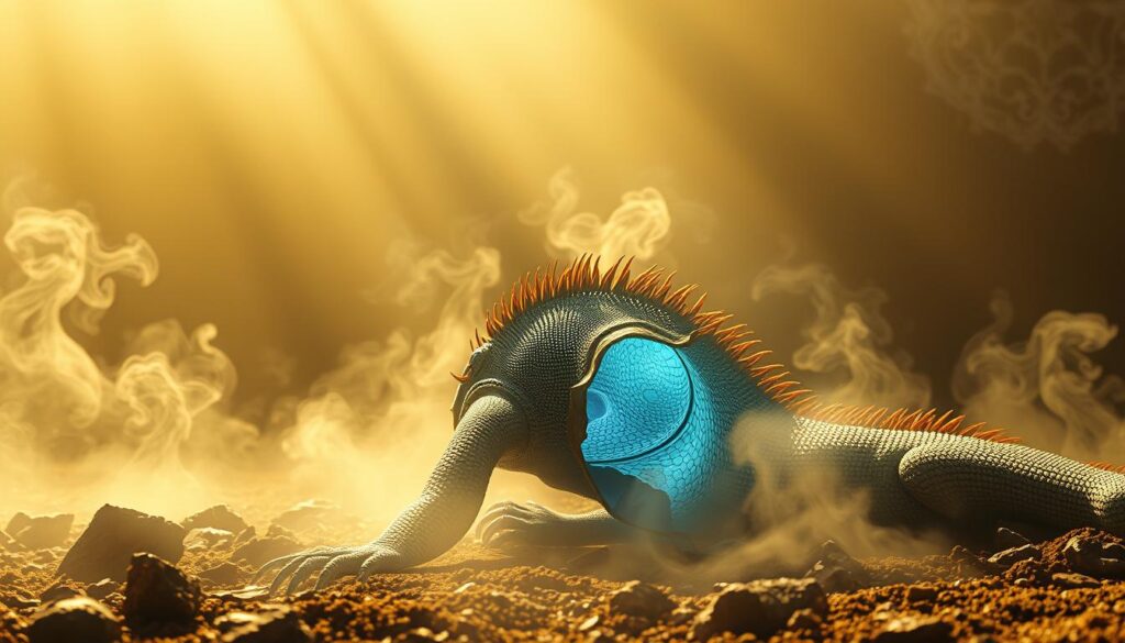A surreal landscape where a majestic lizard sheds its skin, revealing a symbolic transformation. In the foreground, the lizard's old scales peel away, exposing a luminous, iridescent new layer. Swirling mists and ethereal light bathe the scene, creating an otherworldly, dreamlike atmosphere. Subtlehints of spiritual growth and change permeate the image, inviting the viewer to contemplate the deeper meanings behind this reptilian rite of passage. Soft, warm lighting illuminates the scene from an angle, casting dramatic shadows and highlighting the intricate textures of the shedding skin. The background features a mystical, abstract pattern that echoes the transformative theme.