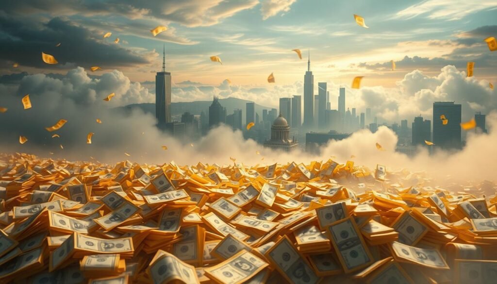 A surreal landscape where money dreams materialize. In the foreground, piles of crisp, golden banknotes cascade across a dreamlike terrain, their edges glimmering under soft, diffused lighting. Swirling mists and ethereal clouds fill the middleground, hinting at the subconscious nature of these desires. In the distant background, towering skyscrapers and symbols of wealth loom, their imposing presence juxtaposed with the ephemeral, transient nature of the money itself. The scene conveys a sense of both abundance and emptiness, a commentary on the ephemeral nature of material pursuits and the human yearning for financial security and status.