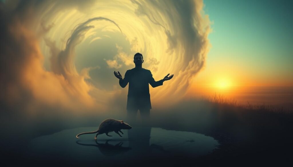 A surreal landscape where the boundaries between the waking and dream worlds blur. In the foreground, a figure emerges from a swirling vortex of mist and shadow, their face obscured, hands outstretched in a gesture of spiritual awakening. The middle ground depicts a dreamscape filled with symbolic imagery - a dead rat, representing the shedding of old beliefs, hovers above a pool of still water that reflects the figure's transformative aura. In the background, a distant horizon glows with a warm, transcendent light, casting an ethereal glow over the entire scene. Soft, chiaroscuro lighting accentuates the mystical atmosphere, as if captured through the lens of a vintage camera. An image that conveys the profound insights and spiritual renewal that can arise from the examination of one's subconscious dreams.