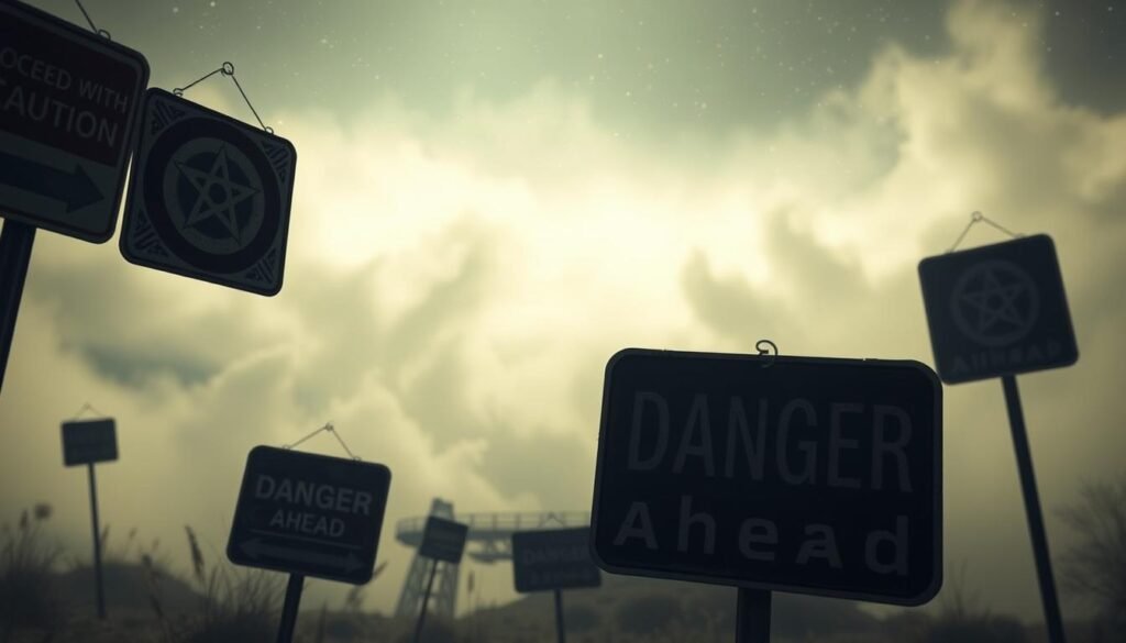 A surreal landscape with ominous warning signs floating in the dreamscape. The foreground features a collection of old-fashioned signs with cryptic symbols and warnings like "Proceed with Caution" and "Danger Ahead". In the middle ground, a hazy, ethereal environment with swirling mists and a sense of unease. The background is a vast, indistinct void, with hints of a starry night sky or an otherworldly plane. Soft, moody lighting casts an eerie glow, creating an atmosphere of mystery and foreboding. The overall impression is one of a subconscious realm where the boundaries between reality and dream are blurred, hinting at the hidden meanings and potential dangers lurking within the world of dream interpretation.
