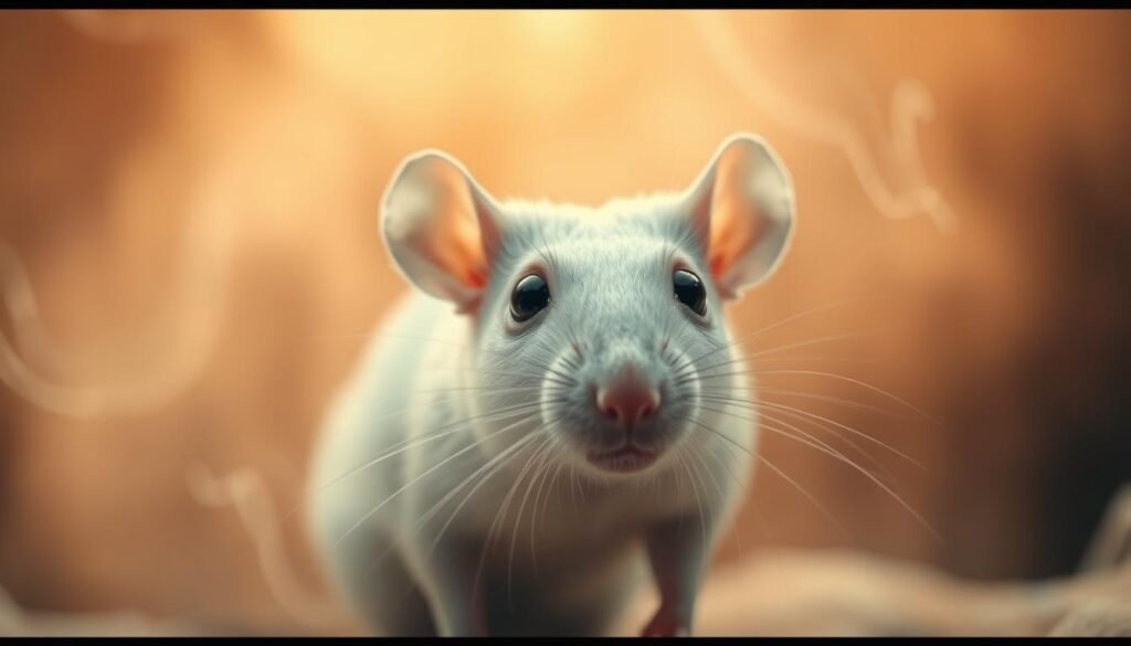 A surreal, psychoanalytic dreamscape depicting a white laboratory rat against a soft, ethereal backdrop. In the foreground, the rat's eyes are wide with a curious, introspective gaze, as if questioning the nature of its own subconscious. Soft, diffused lighting casts a serene, contemplative mood, while wispy tendrils of mist or energy swirl around the rodent, hinting at the psychological undercurrents of the dream state. The background is a blend of subtly shifting colors and textures, evoking an abstract, nonlinear sense of the subconscious mind. The overall composition conveys a sense of quiet contemplation and the mysteries of the dream world.