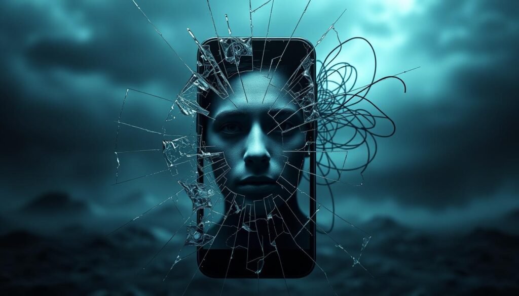 A surreal, psychological interpretation of a cracked phone screen, depicting the fragmentation and disruption of the mind. In the foreground, a shattered glass screen warps and distorts the image of a human face, symbolizing the distortion of perception and self-reflection. The middle ground features a tangled web of fragmented circuits and wires, representing the interconnectedness of technology and the human psyche. In the background, a dimly lit, abstract landscape evokes a sense of unease and uncertainty, mirroring the unsettling nature of the dream. Soft, muted tones and dramatic lighting create an atmosphere of introspection and unease, inviting the viewer to explore the deeper meaning behind the broken phone.