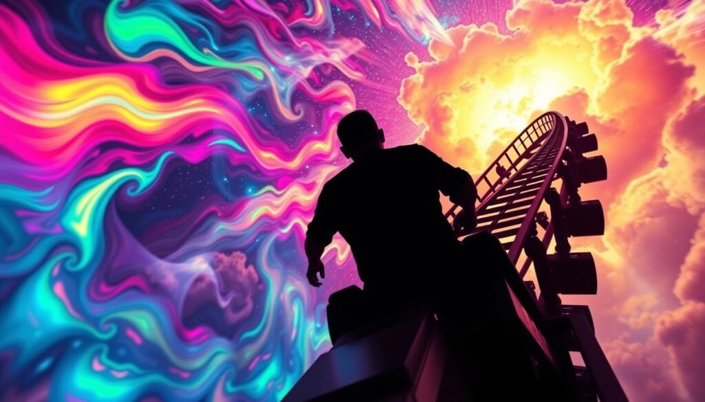 A surreal rollercoaster ride through a transformative dreamscape. In the foreground, a person's silhouette emerges from a swirling vortex of vibrant colors, signifying their journey of overcoming fear. The rollercoaster track twists and turns in the middle ground, representing the ups and downs of life. The background is a kaleidoscopic explosion of ethereal, otherworldly elements - cascading ribbons of light, ethereal clouds, and a starry sky that seems to pulse with energy. Dramatic lighting casts dramatic shadows, creating a sense of depth and movement. Cinematic camera angles and a dreamlike atmosphere evoke a transformative, transcendent experience.