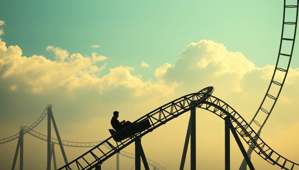 A surreal rollercoaster track winds through a dreamscape, its loops and corkscrews defying gravity. In the foreground, a single cart dips and rises, carrying a shadowy figure lost in thought. The track's supports twist and turn, casting dramatic shadows across the hazy, pastel-tinted landscape. Wispy clouds drift overhead, illuminated by a soft, diffused light that imbues the scene with a sense of tranquility and introspection. The rollercoaster's rhythmic motion symbolizes the ups and downs, the thrill and fear, that can characterize one's life journey. This vision captures the essence of rollercoaster dreams - a metaphor for the unpredictable, exhilarating, and potentially unsettling experiences that shape our personal growth.
