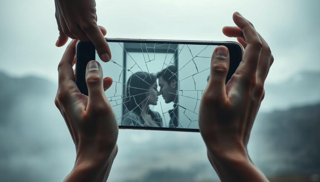 A surreal scene of a cracked smartphone screen, its shattered glass reflecting the tangled web of a troubled relationship. In the foreground, two disembodied hands grapple and intertwine, conveying the emotional turmoil between the couple. The middle ground features the fragmented screen, its pixels distorting the fragmented faces of the couple, symbolizing the fractured nature of their bond. The background is a hazy, dreamlike landscape, bathed in a soft, muted light, suggesting the subconscious and the ethereal nature of their phone-centric connection. The composition is asymmetrical, creating a sense of unease and instability, mirroring the dynamics of the relationship. The overall mood is one of unease, melancholy, and the underlying tension that permeates this digital-age romance.