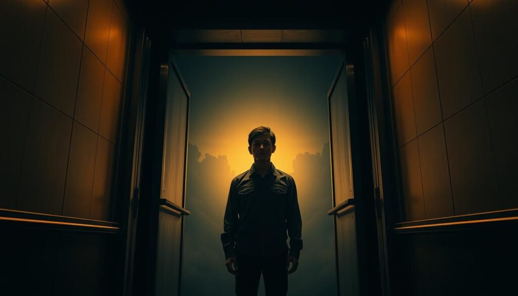 A surreal scene of a recurring dream - a person standing in a dimly lit elevator, its doors partially open, revealing an endless void beyond. The lighting is moody and atmospheric, with warm tones and dramatic shadows, creating a sense of unease and uncertainty. The elevator's paneled walls and metal accents are rendered in meticulous detail, hinting at the mechanical nature of the dream. In the background, indistinct shapes and forms suggest a dreamscape, blurring the line between reality and subconscious. The figure stands motionless, their expression one of contemplation, as if pondering the meaning of this persistent vision.
