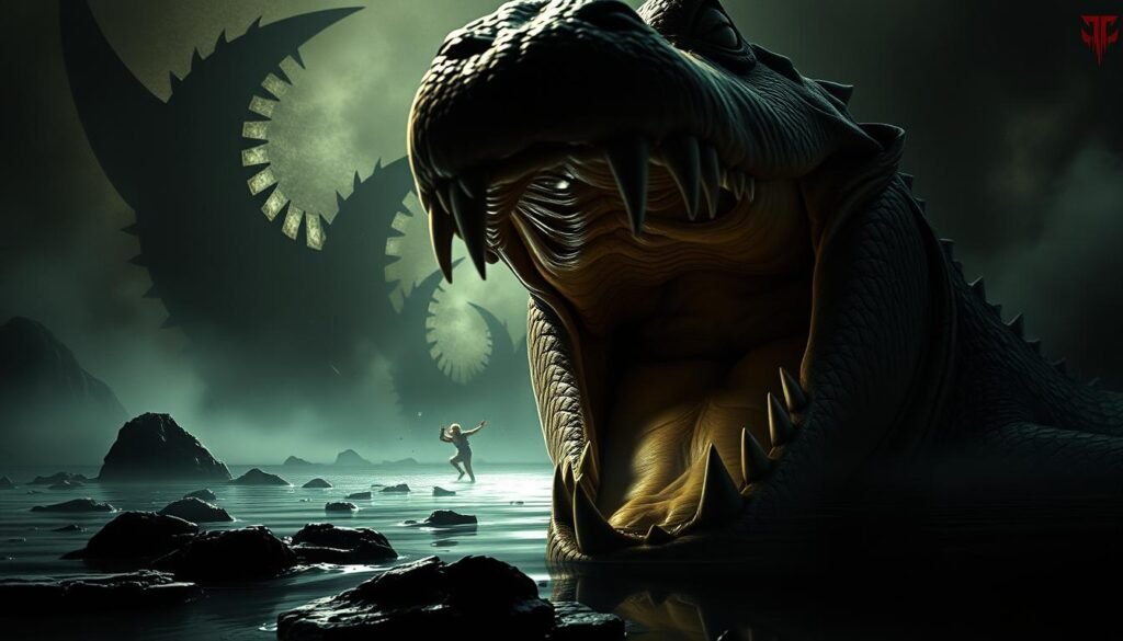 A surreal scene of an aggressive crocodile emerging from a dreamlike landscape. In the foreground, the powerful jaws of the crocodile open menacingly, its eyes intense and predatory. The crocodile's scales glisten under a dramatic chiaroscuro lighting, creating a sense of heightened tension. In the middle ground, the crocodile's prey, perhaps a human figure, is caught in a moment of fear and uncertainty, their flight or fight response activated. The background depicts a fractured, abstract environment, with distorted shapes and colors suggestive of the subconscious. An unsettling atmosphere of hidden danger and primal instincts pervades the scene.