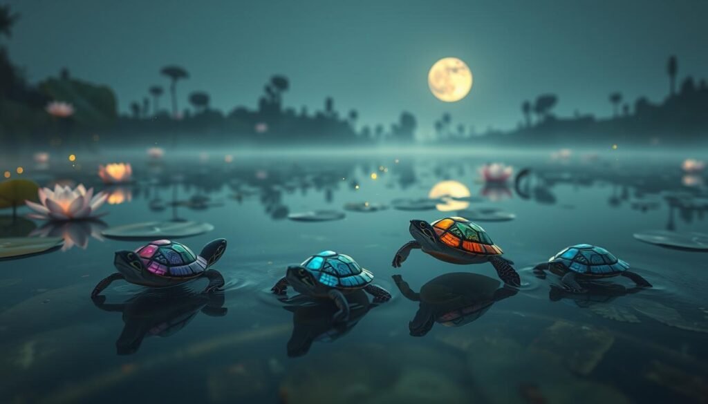 A surreal scene of colored baby turtles swimming in a dream-like pond. In the foreground, three vibrant turtles with shell patterns resembling stained glass move gracefully through the shallow water. The middle ground features a lush, dreamlike landscape with floating lotus blossoms and glowing fireflies. In the background, a full moon casts a soft, ethereal glow across the tranquil scene. The lighting is soft and diffused, creating a sense of serenity and introspection. Captured with a wide-angle lens to emphasize the dreamlike, immersive quality of the image.