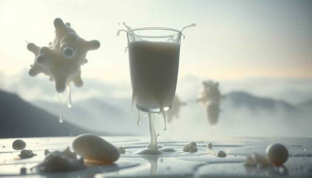 A surreal still-life scene with various types of milk-related dreams and dream symbols. In the foreground, a glass of milk levitates, surrounded by cascading droplets. In the middle ground, crystalline structures resembling milk proteins and fat globules hover in the air. In the background, misty, dreamlike landscapes with subtly glowing milk-white horizons. Soft, diffused lighting creates an ethereal, transcendent atmosphere. Lens: wide-angle. Cinematic, fantastical, and visually captivating.