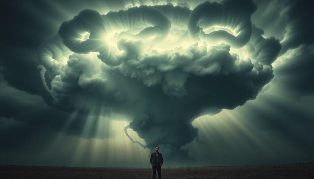 A surreal storm cloud formation hovers menacingly, its twisting tendrils casting ominous shadows across a desolate landscape. In the foreground, a lone figure stands transfixed, their face etched with a mix of fear and fascination. Shafts of ethereal light pierce the gloom, casting an otherworldly glow that heightens the sense of mystery and foreboding. The scene evokes a dreamlike quality, blurring the lines between the physical and the metaphysical, inviting contemplation of the deeper meanings and premonitions that a tornado dream may hold. Captured through the lens of a wide-angle, cinematic camera, the image conveys a powerful narrative of chaos, transformation, and the search for spiritual enlightenment.