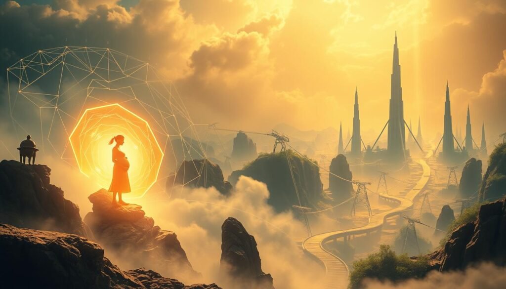 A surreal, symbolically-rich landscape depicting professional growth and career aspirations. In the foreground, a glowing, pregnant figure emerges from a swirling vortex of light, representing the potential for transformation and new beginnings. Surrounding this central motif, layered geometric shapes and architectural elements suggest the framework of a career path. In the middle ground, branching pathways wind through a dreamlike environment, leading to towering, futuristic structures. The background is suffused with a warm, golden glow, evoking a sense of hope and possibility. Cinematic lighting and a slightly elevated camera angle lend an epic, cinematic quality to the scene.
