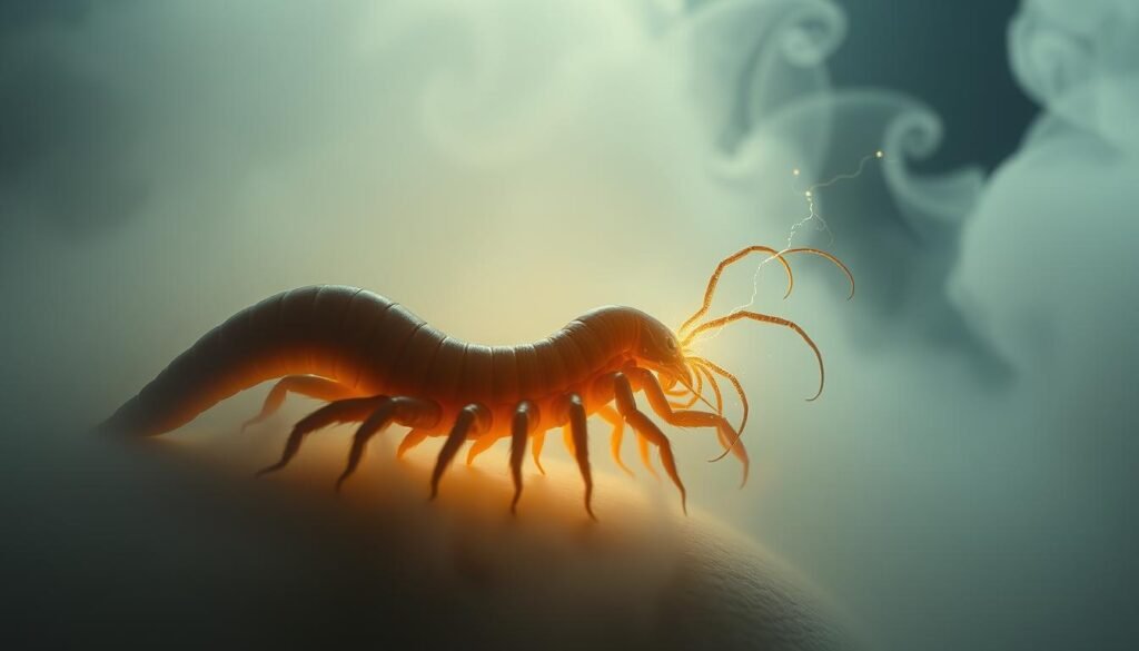 A surreal transformation unfolds, as a centipede's form morphs and undulates, its many legs becoming ethereal tendrils reaching towards a higher plane. An otherworldly glow emanates from within, illuminating the creature's journey of metamorphosis. Shimmering mists swirl in the background, creating an ethereal, dreamlike atmosphere. Soft, diffused lighting casts a serene, mystical ambiance, heightening the sense of spiritual transcendence. The centipede's eyes glow with an awakened consciousness, conveying a profound shift in perspective. This image captures the transformative power of the centipede, as it sheds its earthly form and ascends to a realm of enlightened being.