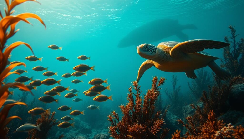 A surreal underwater seascape, illuminated by a warm, ethereal glow. Majestic marine creatures swim gracefully through the tranquil waters, their movements infused with dreamlike symbolism. In the foreground, a school of colorful fish dart amidst swaying kelp, their scales glimmering like jewels. In the middle ground, a serene sea turtle glides effortlessly, its ancient eyes conveying a sense of timeless wisdom. In the distant background, the silhouettes of larger, more mysterious denizens of the deep emerge from the hazy depths, hinting at the vast, unknown realms that lie beneath the surface. The overall atmosphere is one of wonder, introspection, and the exploration of the subconscious.