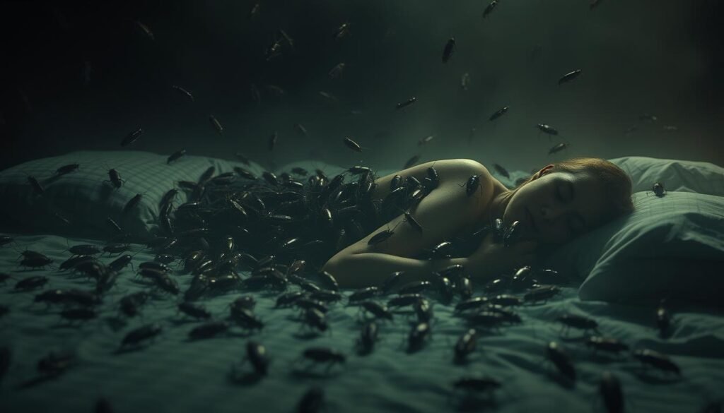 A swarm of cockroaches emerges from the shadows, their antennae twitching as they converge on the sleeping figure. The scene is bathed in an eerie, hazy light, creating an unsettling atmosphere. The cockroaches cascade across the bed, crawling over the dreamer's body, their multitude of eyes reflecting the dim illumination. The background is shrouded in a dark, dreamlike void, emphasizing the isolation and vulnerability of the sleeper. The composition draws the viewer's focus to the swarm, creating a sense of unease and the feeling of being overwhelmed by the sheer number of the insects. The image captures the essence of the significance of multiple cockroaches in dreams, evoking feelings of anxiety, infestation, and the inability to escape from a troubling subconscious.