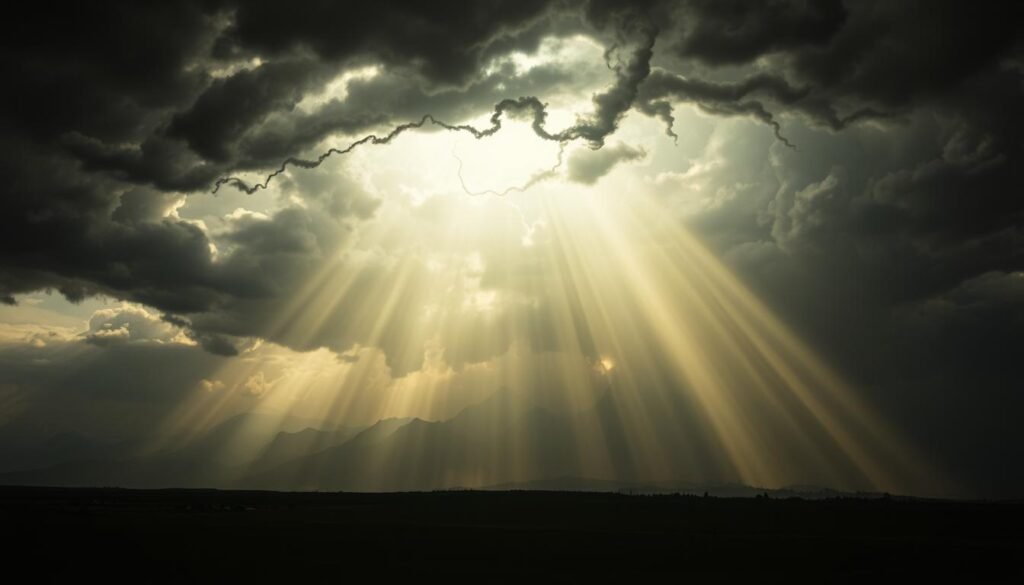 A sweeping biblical whirlwind fills the frame, its tendrils swirling with divine energy. In the foreground, shafts of heavenly light pierce the turbulent clouds, casting a mystical glow upon the scene. Distant silhouettes of towering mountains rise in the background, their peaks shrouded in mist, conveying a sense of awe and reverence. The overall atmosphere is one of power, spirituality, and the overwhelming presence of a higher, transcendent force. Cinematic wide-angle lens, dramatic chiaroscuro lighting, with a brooding, reverent mood.