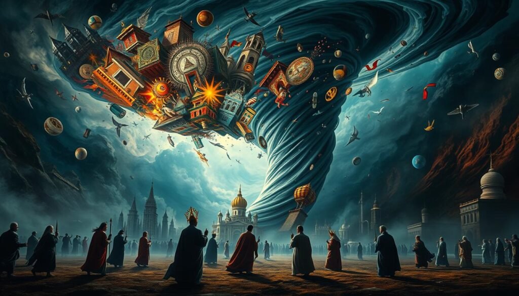 A sweeping tornado of cultural and religious symbols swirls across a dreamscape. In the foreground, figures representing diverse faiths and traditions are caught in the vortex, their robes and relics spinning in the ethereal winds. The middle ground features a kaleidoscope of architectural styles, from ancient temples to modern skyscrapers, all caught in the throes of the tempestuous dream. The background recedes into an abstract, swirling void of colors and textures, evoking the subconscious realm of the unconscious mind. Dramatic chiaroscuro lighting casts deep shadows and highlights the dynamic, otherworldly atmosphere. The scene conveys a sense of both wonder and unease, as the tornado represents the collision of disparate cultural and spiritual perspectives on the meaning of this powerful dream symbol.