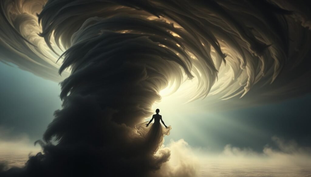A swirling tornado of energy and transformation, its spiraling form a metaphor for the cycles of change. In the foreground, a figure emerges, their body and spirit merging with the tempestuous winds, undergoing a profound metamorphosis. Shards of light pierce the shadowy vortex, casting an ethereal glow upon the scene. The background recedes into a dreamlike haze, hinting at the subconscious realm where this powerful symbolism resides. Cinematic lighting and a wide-angle lens capture the dramatic, almost cinematic nature of this transformative moment, evoking a sense of awe and wonder.