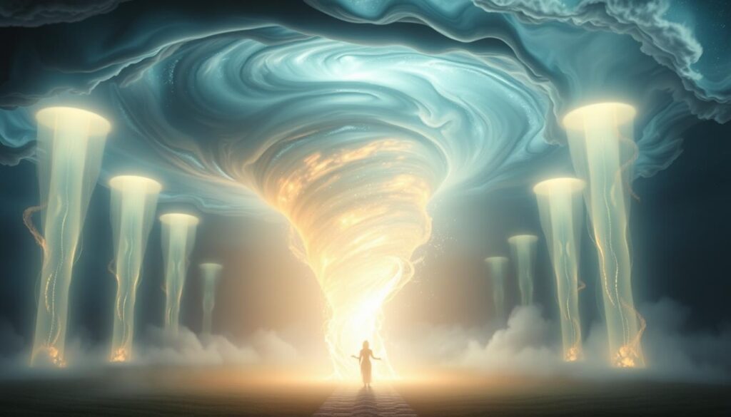 A swirling tornado of ethereal energy and divine light, its vortex a tapestry of celestial symbols and spiritual archetypes. Towering pillars of illuminated mist rise from a dreamscape landscape, casting an otherworldly glow. Amidst the storm, a shimmering figure emerges, a guardian or oracle guiding the viewer through the prophetic vision. Soft, diffused lighting bathes the scene in an aura of mystery and transcendence. The composition is balanced, with the tornado's dynamic form echoed in the graceful curves of the background elements. This image conveys a sense of spiritual awakening, a warning from the divine realms to heed the call of higher wisdom.