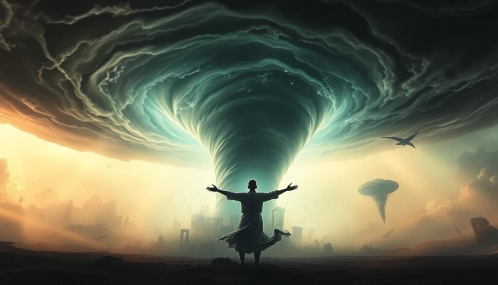 A swirling tornado of ethereal energy, its vortex a prism of shimmering light and shadow. In the foreground, a figure stands amidst the storm, arms outstretched, as if commanding the winds of divine revelation. The background is a dreamscape of floating islands, ancient ruins, and celestial phenomena, hinting at the cosmic significance of this spiritual encounter. The lighting is dramatic, with beams of light piercing the turbulent atmosphere, casting an otherworldly glow upon the scene. The lens is wide, capturing the grandeur and scale of this visionary experience, inviting the viewer to contemplate the biblical interpretation of the tornado as a symbol of judgment, renewal, or profound spiritual awakening.
