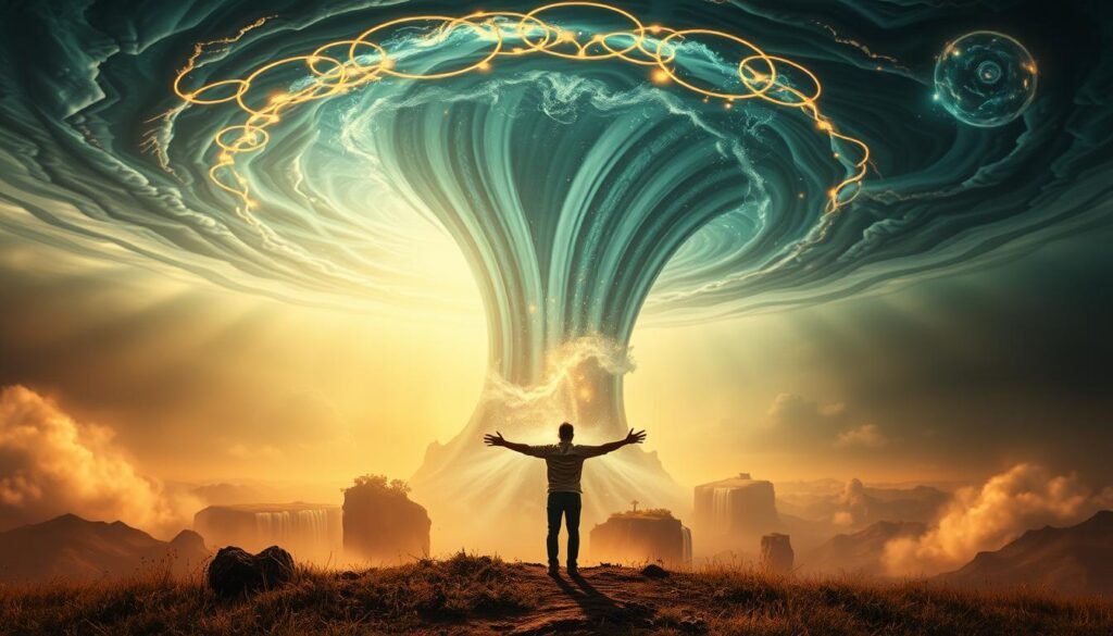 A swirling tornado of spiritual energy, its vortex a kaleidoscope of ethereal lights and transformative power. In the foreground, a lone figure stands, arms outstretched, embracing the storm as a symbol of their personal journey towards enlightenment. The middle ground is a dreamscape of surreal landscapes, with cascading waterfalls and floating islands, representing the subconscious realms where growth and revelation take place. The background is a vast, celestial expanse, hinting at the divine and cosmic forces at play. Warm, golden lighting bathes the scene, conveying a sense of warmth, hope, and the promise of transcendence. Captured through a cinematic, wide-angle lens, this image evokes the transformative power of storm dreams and the path to spiritual renewal.