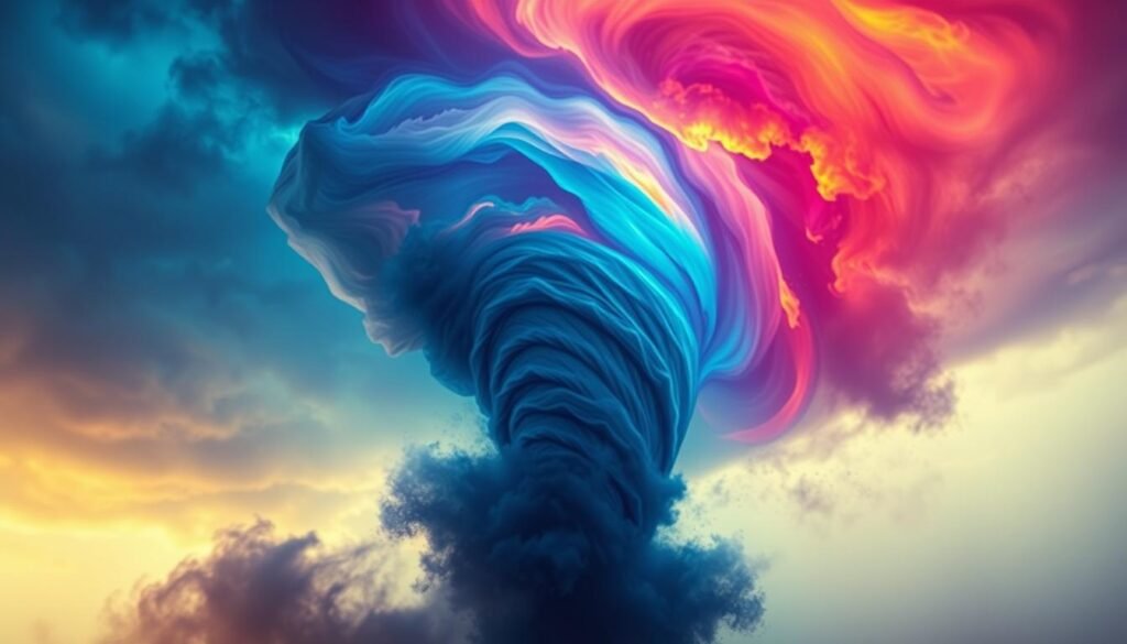 A swirling tornado of vibrant hues, its spiraling form a kaleidoscope of colors. Ethereal shades of indigo, violet, and azure dance across the sky, while bursts of fiery orange and crimson illuminate the turbulent vortex. The tornado appears to be in a state of constant flux, its intensity and hues shifting and pulsing, as if reflecting the emotions and spiritual journey of the dreamer. In the foreground, the tornado is sharply in focus, its power and energy palpable, while the background fades into a dreamlike blur of muted tones, evoking a sense of the subconscious. Soft, diffused lighting casts a warm, mystical glow, creating an atmosphere of introspection and transformation.