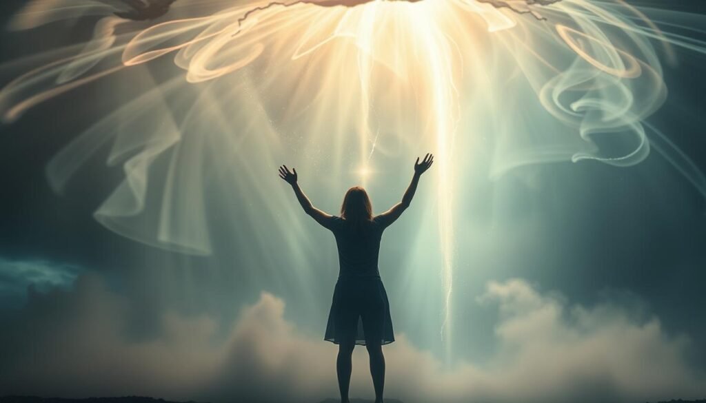 A swirling vortex of energy, a tornado of spiritual transformation. Wisps of ethereal light dance amidst the turbulent winds, casting a mesmerizing glow upon the scene. In the foreground, a figure stands serene and centered, their hands raised in a gesture of release and renewal. Beams of celestial radiance penetrate the storm, illuminating the path to inner peace and cleansing. The background is a kaleidoscope of muted tones, reflecting the journey from chaos to clarity. Soft, diffused lighting emphasizes the otherworldly atmosphere, as if captured through the lens of a dreamlike state. This is a scene of psychological and spiritual healing, where the power of the tornado symbolizes the purging of old energies, making way for a profound state of rejuvenation.