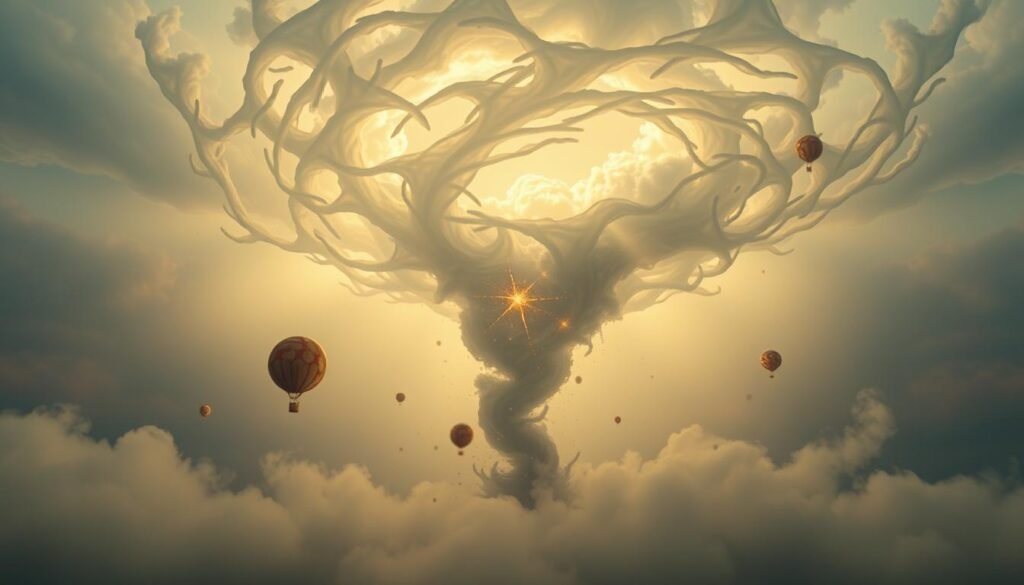 A swirling vortex of ethereal energy, a tornado of dreams manifests against a backdrop of ethereal clouds and hazy skies. In the foreground, abstract shapes and symbols float and intertwine, representing the subconscious forces at play. The tornado's funnel is a conduit, channeling the turbulent emotions and transformative power of the psyche. Rays of mystical light pierce through the storm, illuminating the deeper significance of this dream vision. Capture the essence of this metaphysical phenomenon with a cinematic, wideangle lens, rendering the scene with a sense of awe and wonder.