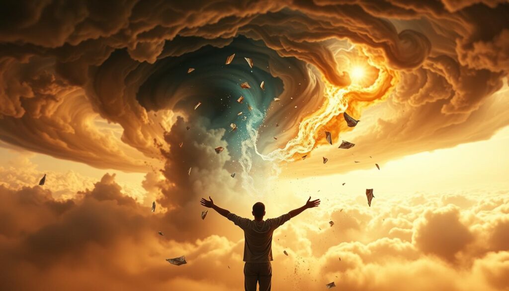 A swirling vortex of ethereal energy, a tornado of spiritual transformation. In the foreground, a human figure emerges, arms outstretched, embracing the powerful winds of change. Wisps of smoke and shimmering light dance around the figure, symbolizing the destruction and renewal of the soul. In the middle ground, fragmented shards of reality float and twist, reflecting the disorienting nature of the journey. The background is a dreamscape of rolling clouds, tinged with hues of gold and violet, hinting at the divine inspiration guiding this tempestuous process. The scene is bathed in a warm, otherworldly glow, evoking a sense of profound transcendence.