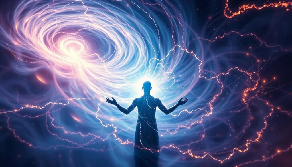 A swirling vortex of ethereal energy, radiating waves of spiritual enlightenment. A glowing, ethereal figure in the foreground, hands outstretched, emanating luminous tendrils that intertwine with the spiraling cosmic currents. Shimmering hues of indigo, violet, and gold dance across the canvas, creating a mesmerizing, otherworldly atmosphere. Dramatic chiaroscuro lighting casts dramatic shadows, highlighting the dynamism and intensity of the spiritual awakening. The background is a boundless, starry expanse, suggesting the boundless, transcendent nature of this transformative energy. Captured with a wide-angle lens to convey a sense of vastness and grandeur, this image channels the profound release of repressed spiritual power.