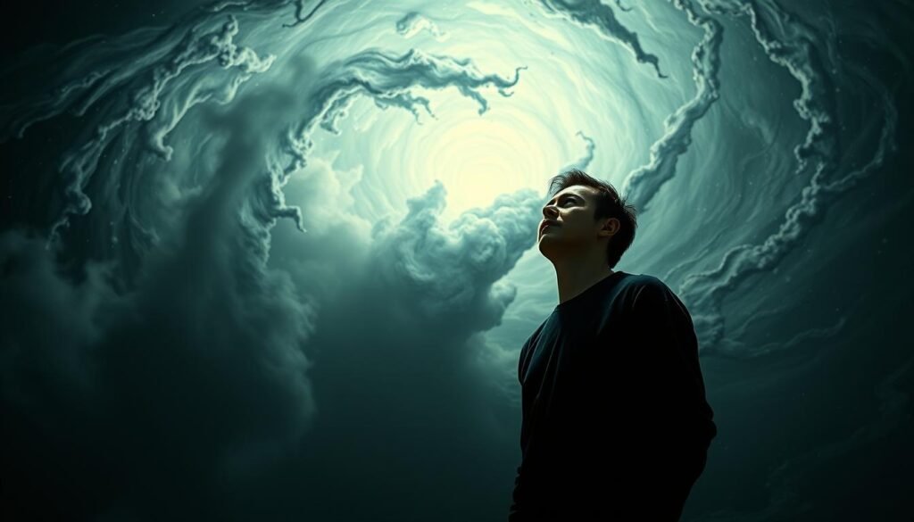 A swirling vortex of psyche and energy, a tornado of the mind's inner workings. In the foreground, a figure stands transfixed, their expression one of awe and contemplation, as if peering into the depths of their own subconscious. Surrounding them, wisps of thought and emotion coalesce, forming a dizzying, ethereal landscape. The lighting is dramatic, casting sharp shadows and highlights that accentuate the turbulent, dreamlike atmosphere. The camera angle is slightly tilted, adding to the sense of disorientation and the psychological impact of the scene. Textures and hues blend seamlessly, creating a surreal, evocative depiction of the complexities of the human psyche and the power of the subconscious mind.