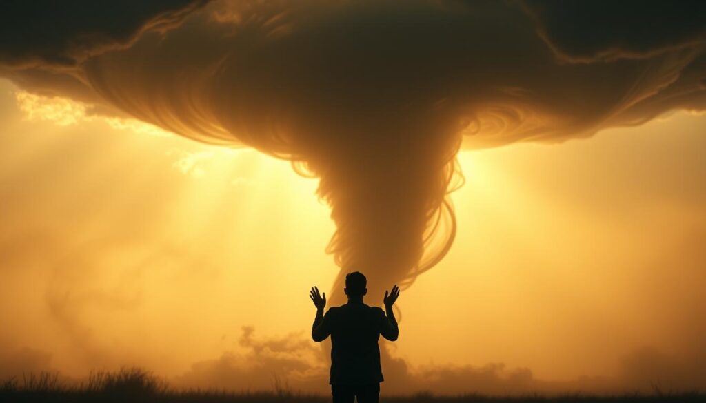 A swirling vortex of spiritual power dominates the scene, its ethereal tendrils reaching towards the heavens. In the foreground, a silhouetted figure stands resolute, their hands raised in prayer, their expression one of unwavering faith. The tornado's movement is captured in fluid, dynamic strokes, its direction and intensity conveying a sense of the internal struggle between the physical and the divine. The background is shrouded in a hazy, dreamlike atmosphere, suggesting the liminal space between the waking world and the realm of the subconscious. Warm, golden light filters through the clouds, casting a warm, prayerful glow on the scene. The overall composition evokes a powerful, spiritual interpretation of the dream tornado, reflecting the journey of the soul in the face of unseen forces.