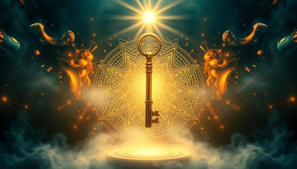 A symbolic depiction of financial breakthrough, featuring a golden key emerging from a spiritual vortex. In the foreground, the key hovers against a backdrop of glowing, ethereal energies, radiating an aura of abundance and prosperity. In the middle ground, intricate geometric patterns and celestial imagery converge, representing the interconnectedness of the material and the divine. The background is shrouded in a misty, contemplative atmosphere, suggesting the mystical nature of this transformative moment. Lighting is dramatic, with warm, golden tones illuminating the central motif. The overall mood is one of transcendence, where the earthly and the spiritual converge to unlock new realms of financial and personal growth.