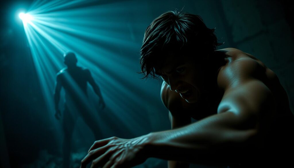 A tense, action-packed scene of a person in a dark, dreamlike environment, caught in a desperate "fight or flight" struggle. In the foreground, the subject is crouched, muscles tensed, eyes wide with adrenaline, ready to react to an unseen threat. Shadows loom in the middle ground, hinting at an ominous presence. Beams of eerie, otherworldly light pierce the gloom, creating an atmosphere of heightened tension and uncertainty. The subject's expression conveys the primal instinct to survive, with every sense heightened and their body poised to spring into action at the slightest provocation. The overall mood is one of raw, primal fear and the struggle for self-preservation.