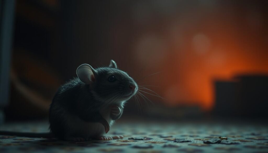 A thoughtful mouse sits in a cozy room, lost in contemplation. The lighting is soft and warm, casting a dreamlike glow. In the foreground, the mouse's expression is one of deep introspection, its whiskers twitching as it ponders the depths of its own psyche. The background is hazy, with muted colors and subtle textures, creating a sense of psychological introspection. The angle is slightly elevated, giving the viewer a sense of peering into the mouse's inner world. The overall mood is pensive and introspective, inviting the viewer to explore the hidden complexities of the mouse's subconscious.