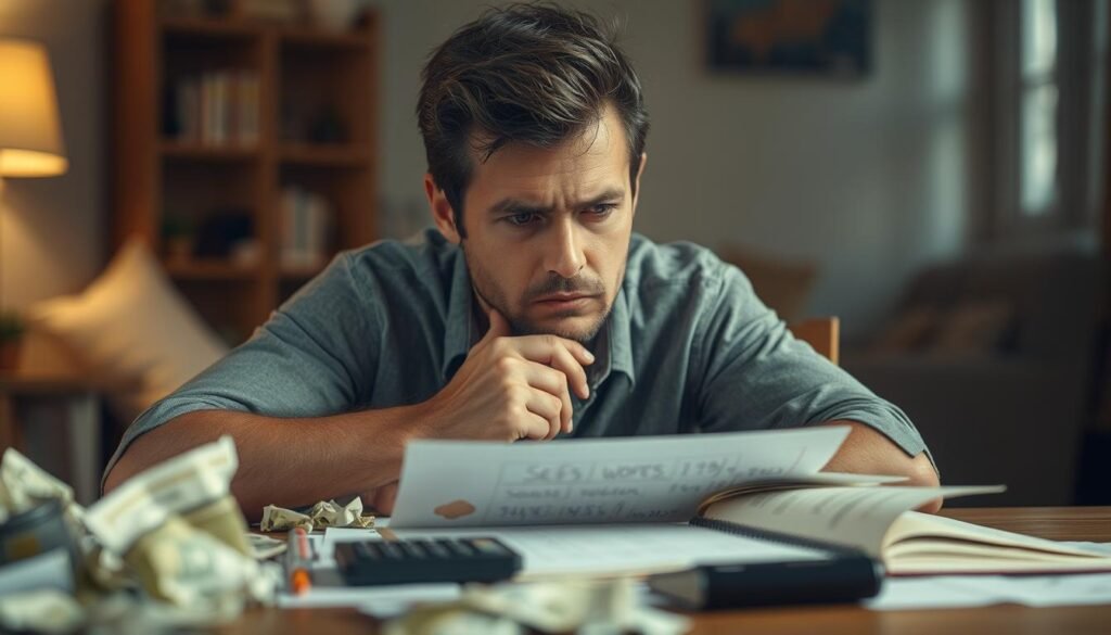 A thoughtful person sitting at a table, deeply engaged in a self-worth analysis. The table is cluttered with crumpled bills, a calculator, and a notebook filled with calculations and scribbles. The person's expression is one of contemplation, with a furrowed brow and a pensive gaze. The lighting is soft and warm, creating a cozy and introspective atmosphere. The background is blurred, keeping the focus on the individual and their introspective process. A sense of inner exploration and personal growth pervades the scene.