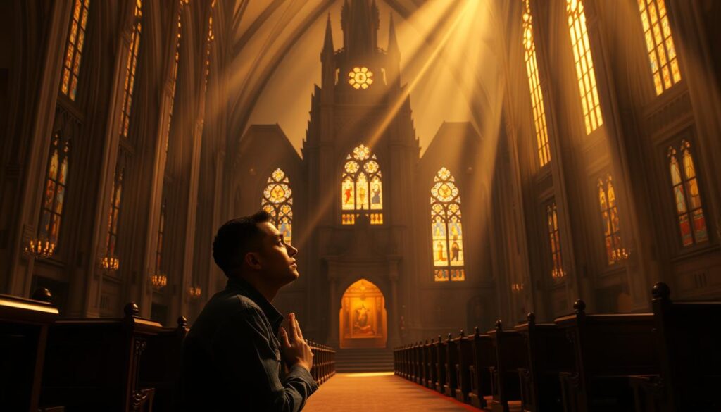 A towering, stately church with a grand steeple reaching towards the heavens, bathed in warm, golden light that filters through stained glass windows. In the foreground, a person kneels in prayer, their hands clasped, expression one of deep contemplation and faith. The middle ground features pews and ornate architectural details, conveying a sense of reverence and spiritual connection. The background is hazy, with rays of light streaming down, creating an ethereal, transcendent atmosphere. The entire scene evokes a feeling of spiritual growth, of the faithful building their relationship with the divine through devotion and unwavering belief.