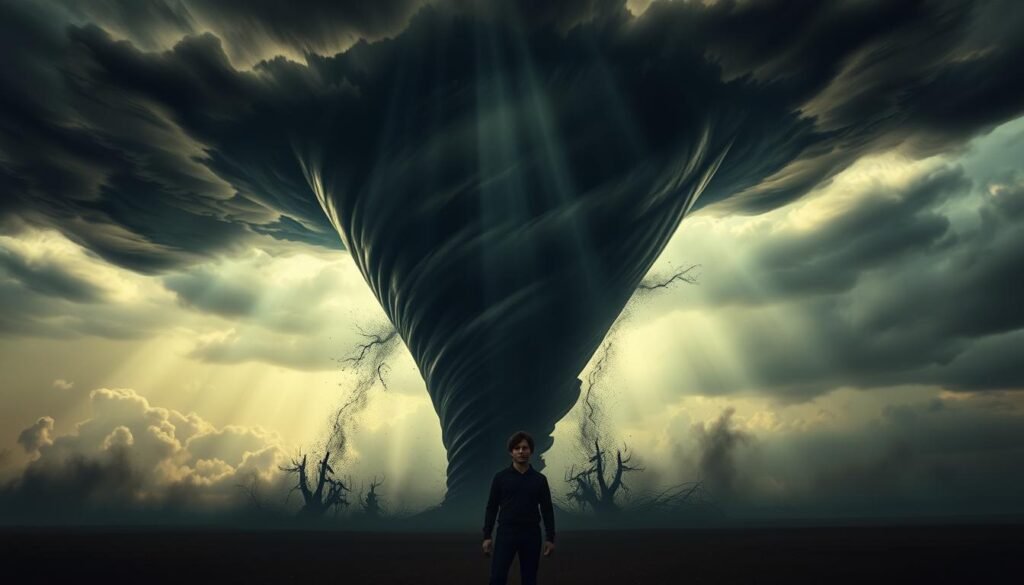 A towering tornado swirls in the center of the frame, its inky black funnel reaching up into an ominous, bruise-colored sky. Wisps of wind and rain lash at the edges, creating a sense of turbulence and unease. In the foreground, a lone figure stands resolute, their expression a mixture of fear and determination, as they confront the raw power of the storm - a metaphor for the inner turmoil and hidden anxieties that lie within. The lighting is dramatic, with shafts of ethereal light piercing through the roiling clouds, creating an almost otherworldly atmosphere. The overall composition is balanced, with the tornado occupying the focal point, while the surrounding details add depth and context to the scene.