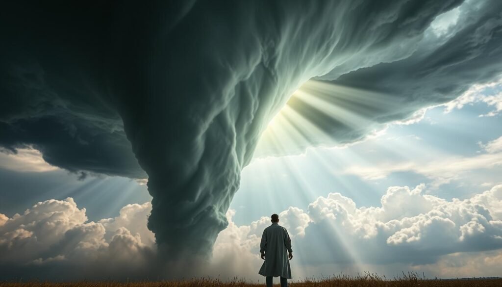 A towering tornado swirls in the distance, its funnel reaching up towards the heavens. Shafts of divine light pierce through the roiling clouds, illuminating the powerful vortex with an ethereal glow. In the foreground, a lone figure stands tall, radiating an aura of authority and spiritual enlightenment. The tornado's twisting winds symbolize the might and majesty of the divine, a manifestation of God's power over the natural world. The scene evokes a sense of both awe and reverence, a visual representation of the complex interplay between judgment and renewal in the biblical interpretation of tornado dreams.