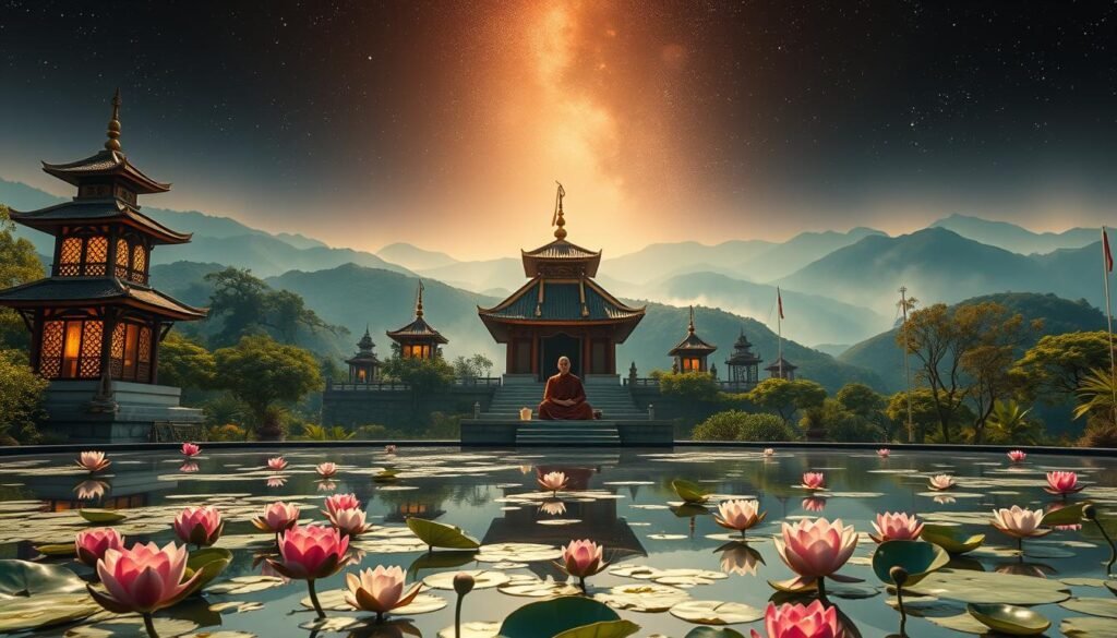 A tranquil Buddhist temple nestled among lush, rolling hills, illuminated by warm, golden sunlight filtering through ornate, latticework windows. In the foreground, a serene pond reflects the temple's pagoda-style architecture, its surface dotted with lotus blossoms in shades of pink and white. In the middle ground, a monk sits cross-legged, deep in contemplation, surrounded by incense-filled air and the gentle chimes of wind-bells. The background features a mystical, dreamlike landscape of misty mountains and a starry night sky, hinting at the deeper spiritual connections and hidden meanings within the realm of Eastern dream symbolism.