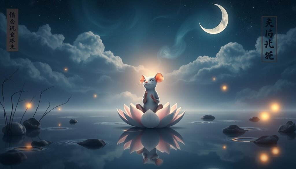 A tranquil Eastern-inspired landscape, with a serene pond reflecting the night sky. In the center, a thoughtful mouse sits on a lotus blossom, deep in meditative contemplation. Its eyes are closed, and an ethereal glow emanates from its form, suggesting a higher state of consciousness. Wispy clouds drift overhead, casting a dreamlike ambience. The scene is illuminated by a crescent moon and delicate fireflies, creating a mystical atmosphere. Calligraphic symbols and abstract patterns float in the background, symbolizing the esoteric wisdom of the East. The overall composition evokes a sense of spiritual introspection and the profound insights that can be found in the most unassuming of creatures.