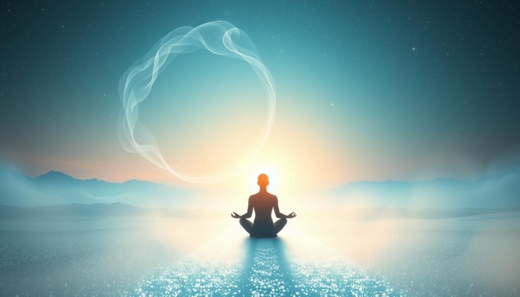 A tranquil and luminous dream landscape, where the boundaries between consciousness and the ethereal realm blur. In the foreground, a serene figure sits in a meditative pose, their aura radiating divine energy. Wisps of translucent mist swirl around them, symbolizing the spiritual awakening and connection to higher consciousness. The middle ground features a shimmering, otherworldly pathway leading into the distance, inviting the viewer to embark on a transformative journey. In the background, a vast, starry sky stretches out, conveying a sense of boundless potential and cosmic harmony. Soft, diffused lighting imbues the scene with a serene, mystical ambiance, capturing the essence of the spiritual dream state.