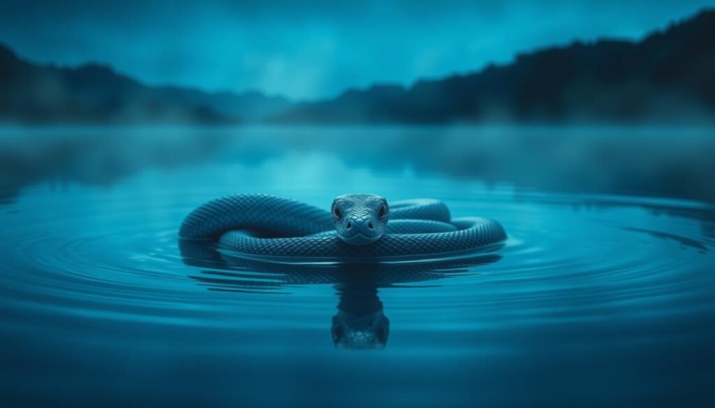 A tranquil blue lake, its surface reflecting the night sky. Emerging from the depths, a coiled blue snake, its scales shimmering under the soft, ethereal light. The snake's gaze is intense, almost hypnotic, as it seems to beckon the viewer into the mysterious realm of the subconscious. The surrounding landscape is shrouded in a hazy, dreamlike mist, adding to the sense of the otherworldly. The composition draws the eye towards the snake, highlighting its symbolic significance as a conduit between the conscious and the unconscious. A serene, contemplative atmosphere pervades the scene, inviting the viewer to ponder the deeper meanings of water and serpents in the realm of dreams.