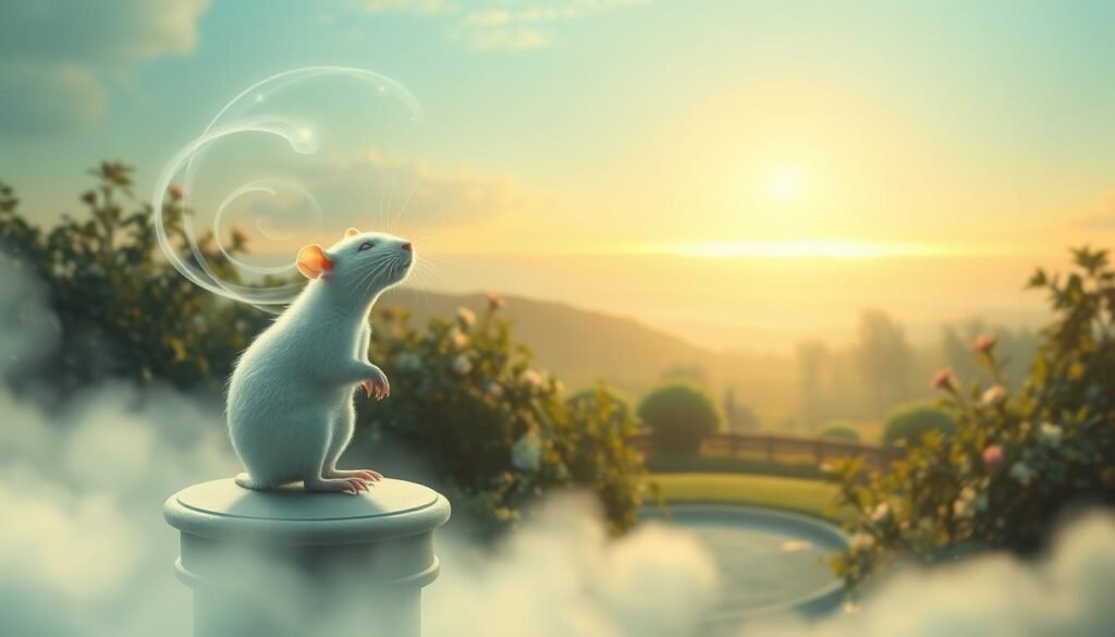 A tranquil dream realm enveloped in a soft, ethereal light. In the foreground, a serene white rat sits atop a pedestal, its eyes closed in a state of peaceful contemplation. Swirling wisps of energy emanate from the rat, symbolizing its connection to personal growth and transformation. The middle ground features a serene garden landscape, with lush foliage and delicate flowers blooming. In the background, a distant horizon glows with a warm, golden hue, suggesting a sense of enlightenment and inner harmony. The overall composition evokes a sense of serenity, introspection, and the power of the subconscious to guide personal evolution.