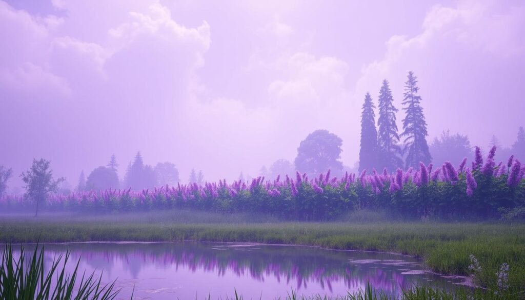 A tranquil, dreamlike landscape illuminated by a soft, ethereal purple glow. In the foreground, a serene pond reflects the hazy, violet sky above. Wispy, ethereal clouds drift lazily, casting gentle shadows. In the middle ground, a lush, verdant garden blooms with vibrant, amethyst-hued flowers, their petals shimmering in the diffused light. Tall, regal trees line the horizon, their branches reaching up towards the heavens. The entire scene is permeated with a sense of calm, introspection, and spiritual growth, inviting the viewer to immerse themselves in the transformative power of the color purple.