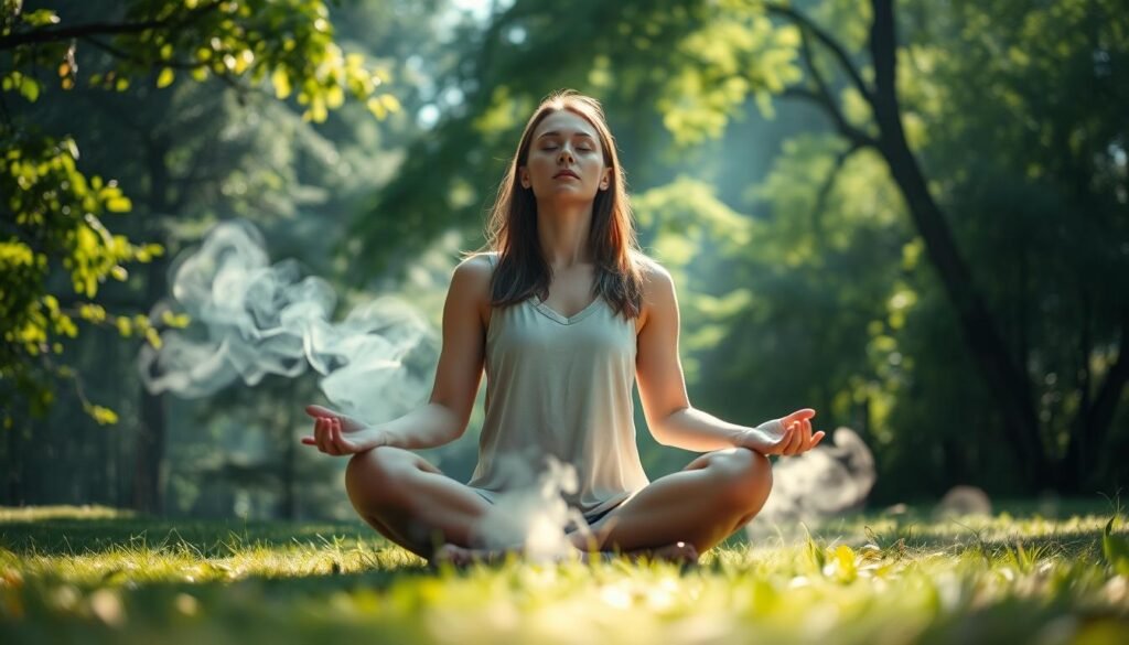 A tranquil, dreamlike landscape with a woman sitting cross-legged in a serene, natural setting. She is in a meditative pose, her eyes closed, surrounded by wispy, ethereal wisps of energy or smoke that seem to emanate from her. In the background, a lush, verdant forest with sunlight filtering through the leaves, creating a warm, soothing atmosphere. The lighting is soft and diffused, with a sense of gentle, introspective calm. The camera angle is slightly elevated, providing a contemplative, bird's-eye view of the scene, emphasizing the holistic, spiritual nature of the dream therapy techniques being depicted.