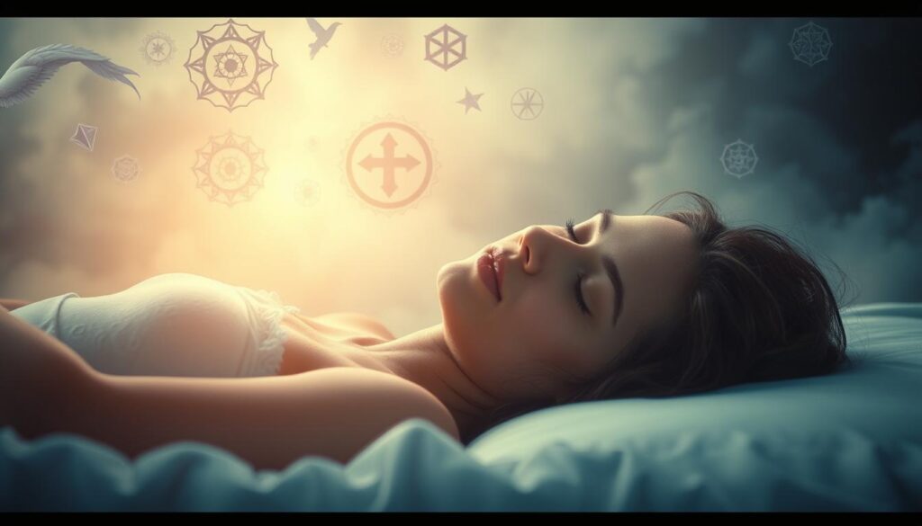 A tranquil, dreamlike scene depicting the emotional and psychological aspects of dream interpretation. In the foreground, a person rests peacefully, their expression serene as they delve into the mysteries of their subconscious. Surrounding them, floating symbols and ethereal shapes represent the intricate connections between dreams, emotions, and the human psyche. The background is shrouded in a soft, hazy light, creating a sense of introspection and contemplation. The overall composition conveys a sense of balance, wisdom, and the inner journey of self-discovery through the interpretation of dreams.