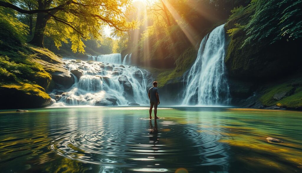 A tranquil, dreamlike waterfall cascades through a lush, verdant landscape. The crystal-clear waters flow gently over mossy rocks, creating a soothing melody. Sunlight filters through the canopy of towering trees, casting a warm, golden glow over the scene. In the foreground, a figure stands contemplatively, their reflection rippling on the surface of the pool below, symbolizing a personal transformation. The overall atmosphere evokes a sense of introspection, spiritual renewal, and the power of nature to inspire change.