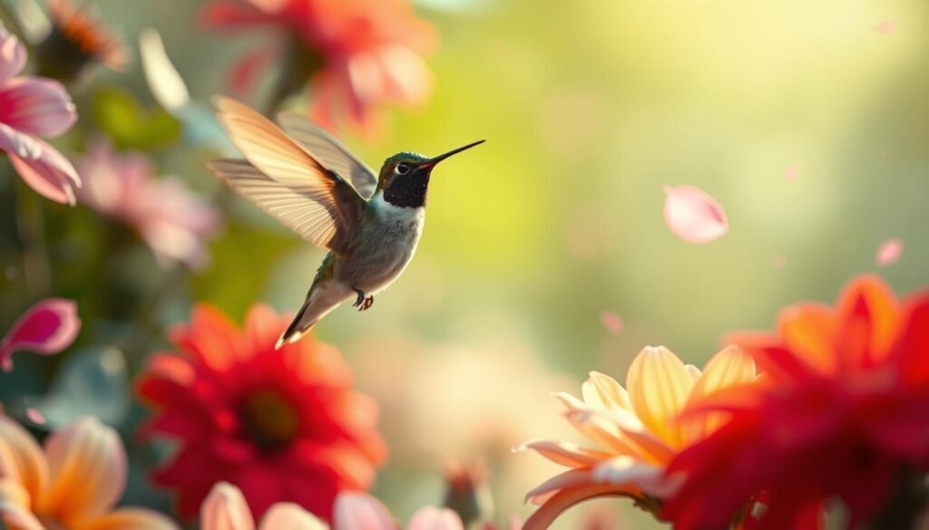 A tranquil dreamscape, a hummingbird poised mid-flight, its iridescent feathers shimmering in the soft, diffused light. The bird hovers gracefully amidst a lush, ethereal garden, surrounded by vibrant flowers and delicate petals that seem to dance on a gentle breeze. The background is blurred, creating a sense of focus and intimacy, as if the viewer is drawn into the hummingbird's realm. The overall mood is one of serenity, magic, and a connection to the natural world's hidden wonders. The camera angle is slightly elevated, allowing the hummingbird to be the central, captivating subject.